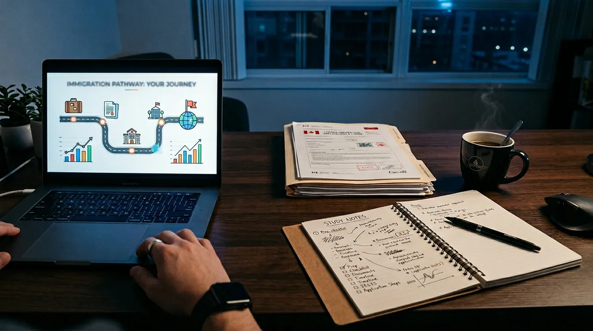 Ilustracja: praca z ekranem i notatkami edukacyjnymi